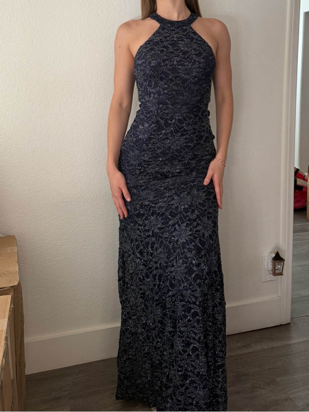 B Darlin Navy Halter Lace Maxi Dress